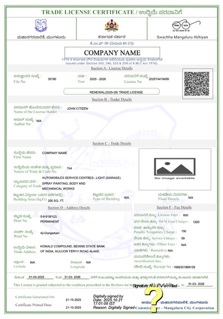 India Mangaluru trade license certificate Word and PDF template